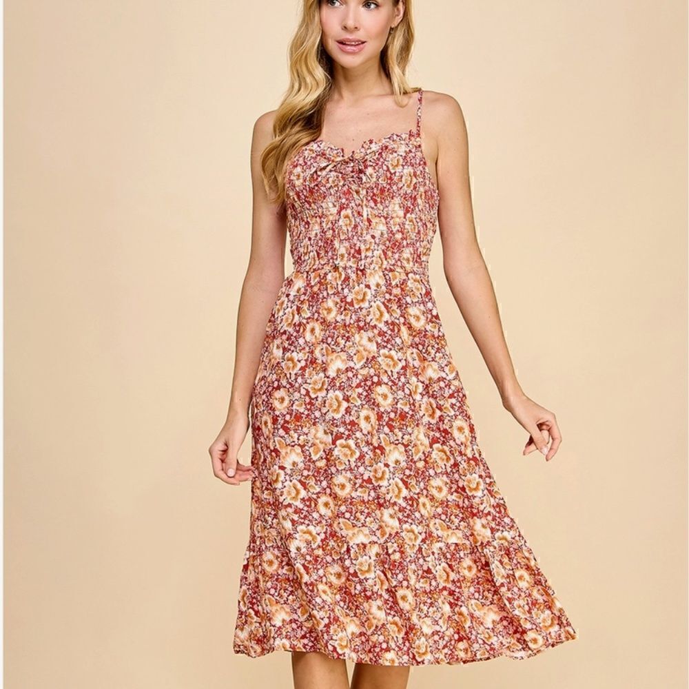 NEW! Cute Smocked Bodice Tie Front Boho Red Floral Spaghetti Strap Slip Dress